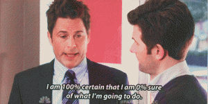 Scene from TV Show Parks and Rec that says, "I am 100% certain that I am 0% certain of what im going to do"