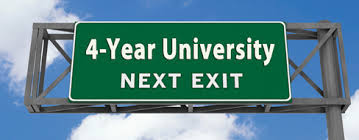 Highway road sign that says, "4-year university next exit"