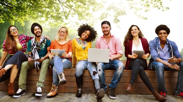 College students laughing outside
