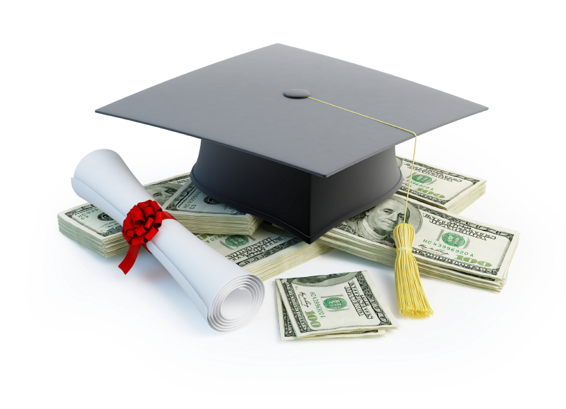 Graduation cap and diploma sitting on money 
