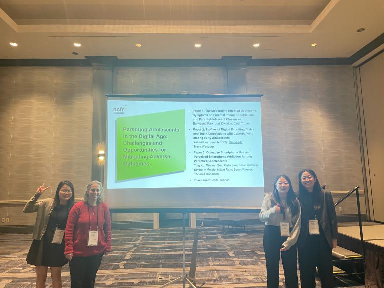 Lab members Ting Xu and Eunyoung Park, with the session discussant Jodi Dworkin and another presenter Xiaoqi Ma, at the 2025 NCFR conference.